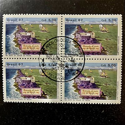 Quadra de Selos Comemorativos do Brasil - 450 Anos da Cidade do Recife - 1987 - com carimbo comemorativo - ref.2868