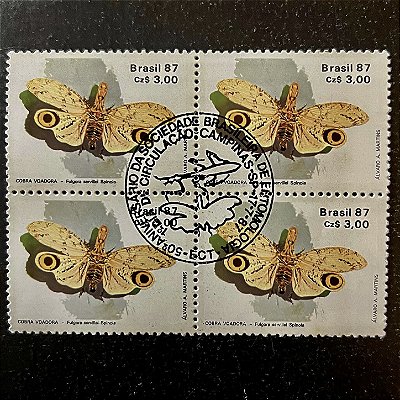 Quadra de Selos Comemorativos do Brasil -50o.Aniversário da Sociedade Brasileira de Entomologia - Jequitiranaboia - 1987 - com carimbo comemorativo - ref.2869