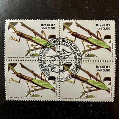 Quadra de Selos Comemorativos do Brasil -50o.Aniversário da Sociedade Brasileira de Entomologia - Louva a Deus - 1987 - com carimbo comemorativo - ref.2870