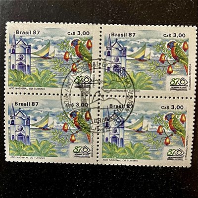 Quadra de Selos Comemorativos do Brasil - Ano Nacional do Turismo - Região Norte e Nordeste - 1987 - com carimbo comemorativo - ref.2871