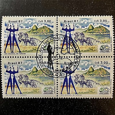 Quadra de Selos Comemorativos do Brasil - Ano Nacional do Turismo - Região Centro Oeste, Sudetes, sul - 1987 - com carimbo comemorativo - ref.2872