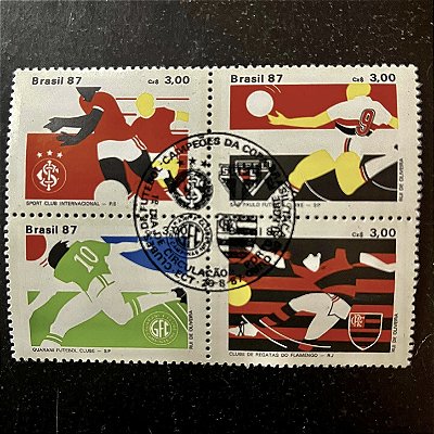 Quadra de Selos Comemorativos do Brasil - Clubes de Futebol - Campeões da Copa do Brasil - 1987 - com carimbo comemorativo - ref.2873