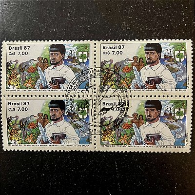 Quadra de Selos Comemorativos do Brasil - 400 Anos do Tratado Descritivo do Brasil - 1987 - com carimbo comemorativo - ref.2874