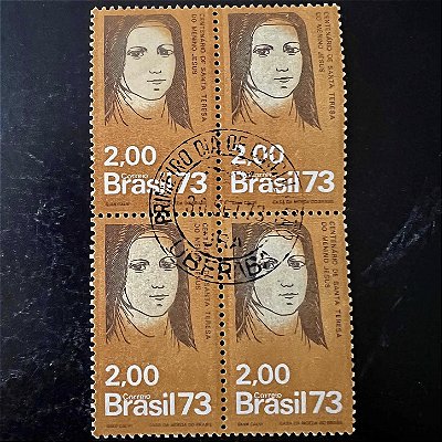 Quadra de Selos Comemorativos do Brasil - Centenário do Nascimento de Santa Teresa do Menino Jesus - 1973 - com carimbo primeiro dia - ref.2878