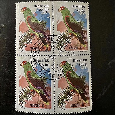 Quadra de Selos Comemorativos do Brasil - Fauna Brasileira - Psitacideos - Papagaio Charão - 1980 - com carimbo primeiro dia - ref.2881
