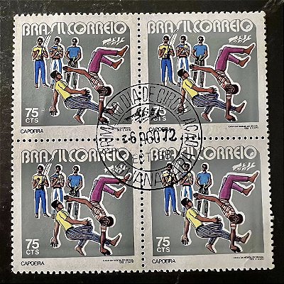 Quadra de Selos Comemorativos do Brasil - Promoção do Folclore Nacional - Capoeira - 1972 - com carimbo primeiro dia - ref.2883