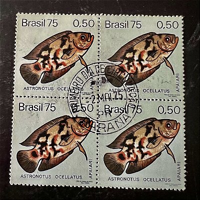 Quadra de Selos Comemorativos do Brasil - Peixes Brasileiros de Agua Doce - Apaiari- 1975 - com carimbo primeiro dia - ref.2886