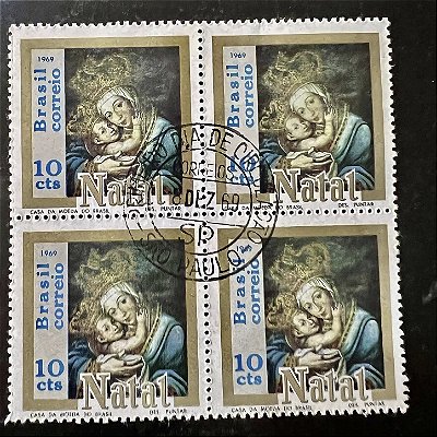 Quadra de Selos Comemorativos do Brasil - Natal 69 - 1969 - com carimbo primeiro dia - ref.2887