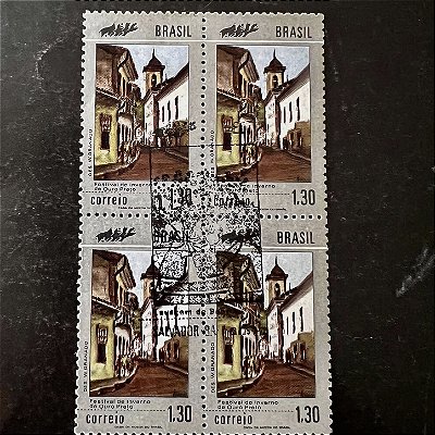 Quadra de Selos Comemorativos do Brasil - Promoção do Turismo Nacional - Festival de Inverno de Ouro Preto - 1972 - com carimbo comemorativo - ref.2890