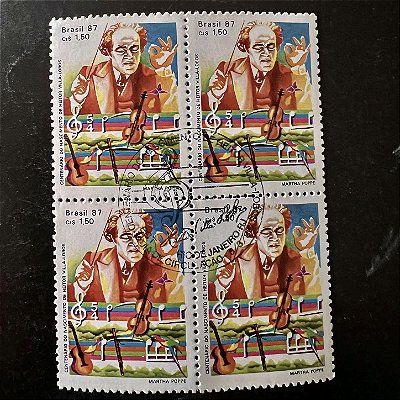 Quadra de Selos Comemorativos do Brasil - Centenario do Nascimento de Heitor Villa Lobos - 1987 - com carimbo comemorativo - ref.2892