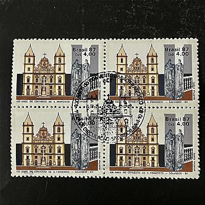Quadra de Selos Comemorativos do Brasil - 400 Anos do Convento de São Francisco - 1987 - com carimbo comemorativo - ref.2894