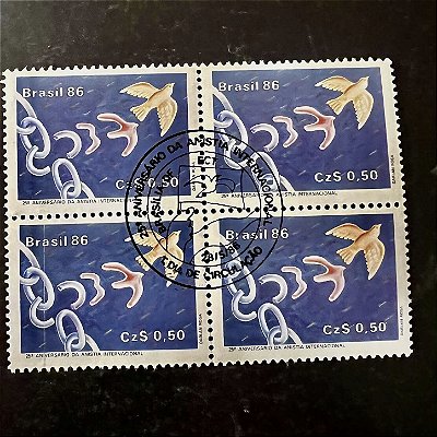 Quadra de Selos Comemorativos do Brasil - 25o.Aniversário da Anistia Internacional - 1986 - com carimbo comemorativo - ref.2895