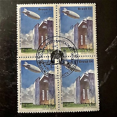 Quadra de Selos Comemorativos do Brasil - 50 Anos do Aeroporto Bartolomeu de Gusmão - RJ - 1986 - com carimbo comemorativo - ref.2896