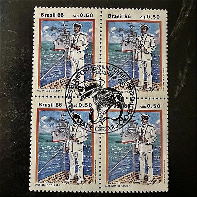 Quadra de Selos Comemorativos do Brasil - Trajes e Uniforme Militares - Capitão Tenente da Marinha - 1986 - com carimbo comemorativo - ref.2897