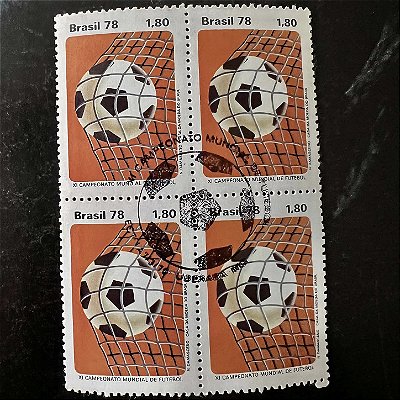 Quadra de Selos Comemorativos do Brasil - XI Campeonato Mundial de Futebol na Argentina - Bola no Fundo da Rede - 1978 - com carimbo comemorativo - ref.2899