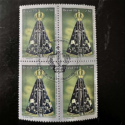 Quadra de Selos Comemorativos do Brasil - 75 anos da Coroação da Imagem de Nossa Senhora Aparecida - 1979 - com carimbo comemorativo - ref.2903