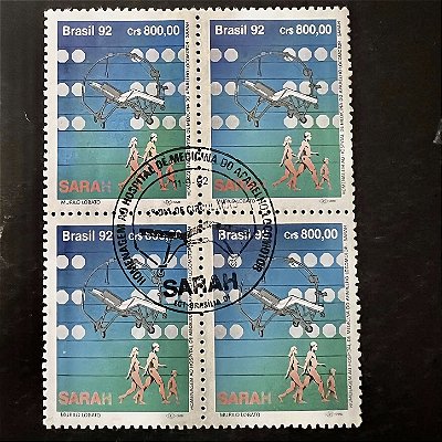 Quadra de Selos Comemorativos do Brasil - Homenagem ao Hospital de Medicina do Aparelho Locomotor - 1992 - com carimbo comemorativo - ref.2906