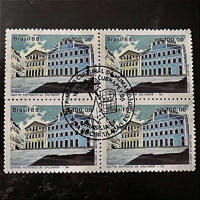 Quadra de Selos Comemorativos do Brasil - Patrimonio Cultural da Humanidade - Centro Histórico de Salvador - 1988 - com carimbo comemorativo - ref.2907