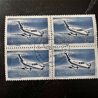 Quadra de Selos Comemorativos do Brasil - 10 Anos da Criação da Embraer - 1979 - com carimbo comemorativo - ref.2909