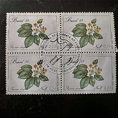 Quadra de Selos Comemorativos do Brasil - Preservação da Flora Brasileira - Goetea - 1989 - com carimbo comemorativo - ref.2911