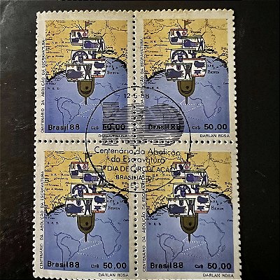 Quadra de Selos Comemorativos do Brasil - Centenário da Abolição da Escravatura - Navio Negreiro- 1988 - com carimbo comemorativo - ref.2917