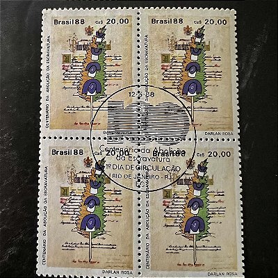 Quadra de Selos Comemorativos do Brasil - Centenário da Abolição da Escravatura - Manuscrito da Lei Aurea - 1988 - com carimbo comemorativo - ref.2918
