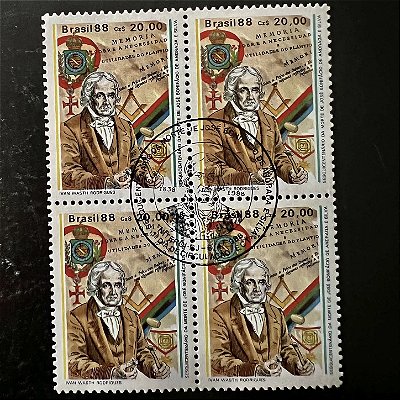 Quadra de Selos Comemorativos do Brasil - Sesquicentenário da Morte de Jose Bonifácio de Andrada- 1988 - com carimbo comemorativo - ref.2920