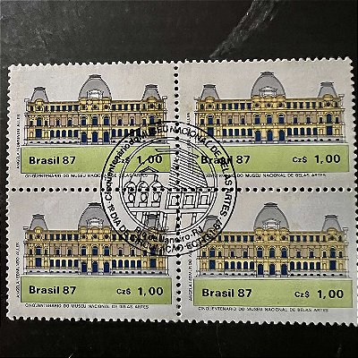 Quadra de Selos Comemorativos do Brasil - Cinquentenário do Museu Nacional de Belas Artes - RJ - 1987 - com carimbo comemorativo - ref.2922