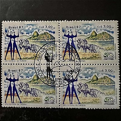 Quadra de Selos Comemorativos do Brasil - Ano Nacional do Turismo - Regiões Centro Oeste, Sudeste e Sul - 1987 - com carimbo comemorativo - ref.2923