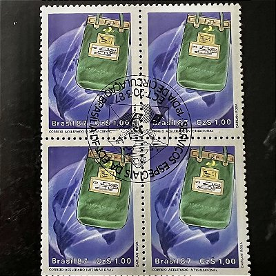 Quadra de Selos Comemorativos do Brasil - Serviços Especiais da ECT - Correio Acelerado Internacional - 1987 - com carimbo comemorativo - ref.2925