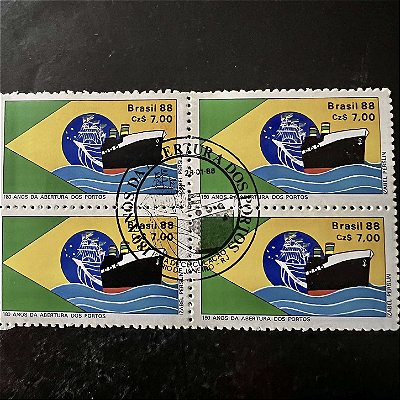 Quadra de Selos Comemorativos do Brasil - 180 Anos da Abertura dos Portos - 1988 - com carimbo comemorativo - ref.2926