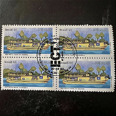 Quadra de Selos Comemorativos do Brasil - Rede Postal Fluvial da Amazonia - 1990 - com carimbo comemorativo - ref.2927