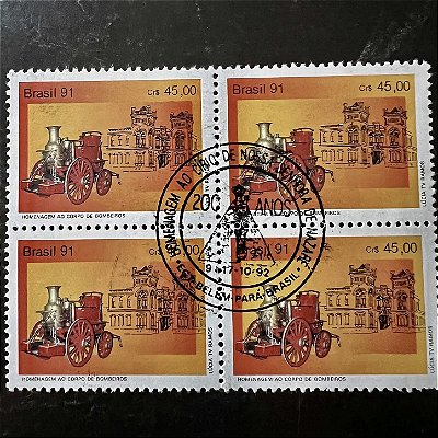 Quadra de Selos Comemorativos do Brasil - Homenagem ao Corpo de Bombeiros de Santos - 1991 - com carimbo comemorativo - ref.2929