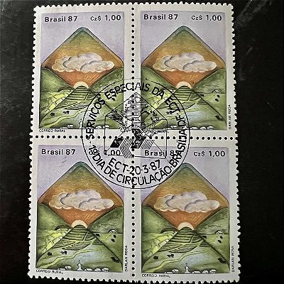 Quadra de Selos Comemorativos do Brasil - Serviços Especias da ECT - Correio Rural - 1987 - com carimbo comemorativo - ref.2933
