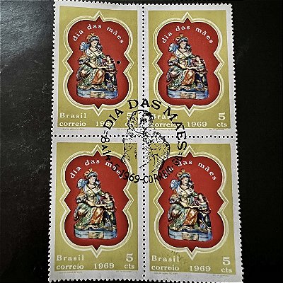 Quadra de Selos Comemorativos do Brasil - Dia das Mães - 1969 - com carimbo comemorativo - ref.2935