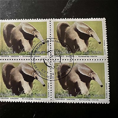 Quadra de Selos Comemorativos do Brasil - Preservação da Fauna Brasileira - Tamanduá Bandeira - 1988 - com carimbo comemorativo - ref.2936