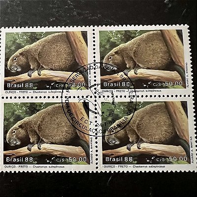 Quadra de Selos Comemorativos do Brasil - Preservação da Fauna Brasileira - Ourico Preto - 1988 - com carimbo comemorativo - ref.2938