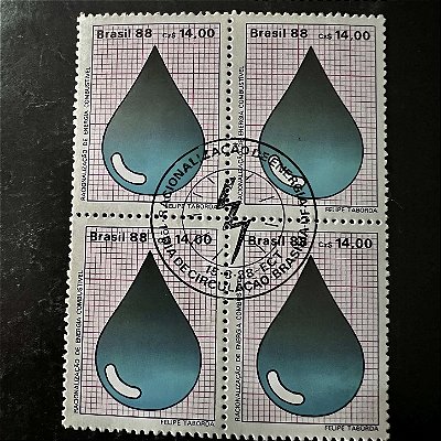 Quadra de Selos Comemorativos do Brasil - Racionalização de Energia -Petróleo - 1988 - com carimbo comemorativo - ref.2940