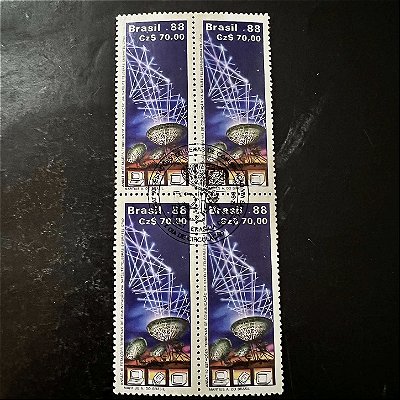 Quadra de Selos Comemorativos do Brasil - Ansat 10 - Telebras - Embratel - 1988 - com carimbo comemorativo - ref.2941
