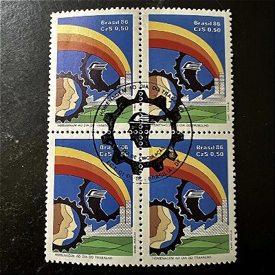 Quadra de Selos Comemorativos do Brasil -Homenagem ao Dia do Trabalho - 1986 - com carimbo comemorativo - ref.2957