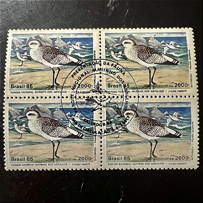 Quadra de Selos Comemorativos do Brasil -Preservação da Fauna Brasileira - Batuiruçu de Axila Preta - 1985 - com carimbo comemorativo - ref.2960