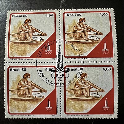 Quadra de Selos Comemorativos do Brasil - XXII Olimpiadas de Moscou - Atleta do Remo - 1980 - com carimbo comemorativo - ref.2961