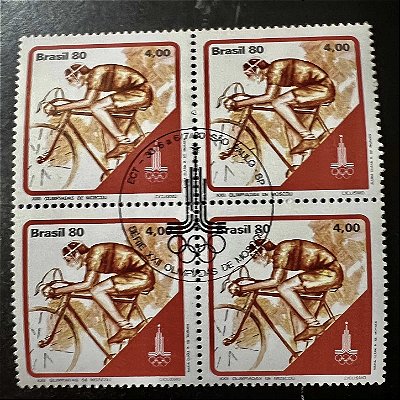 Quadra de Selos Comemorativos do Brasil - XXII Olimpiadas de Moscou - Atleta do Ciclismo - 1980 - com carimbo comemorativo - ref.2963