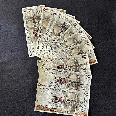 10 Cédulas do Brasil - 50 Cruzados Novos - Carimbo 50 Cruzeiros - Carlos Drumond de Andrade - Mbc+ ref.2985