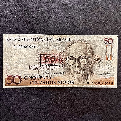 Cédula do Brasil - 50 Cruzeiros Novos - carimbo 50 Cruzeiros - Carlos Dumond de Andrade - FE - ref.2990