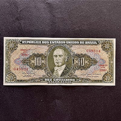 Cédula do Brasil - 10 Cruzeiros - Carimbo 1 Centavo - Getulio Vargas - FE - ref.2995