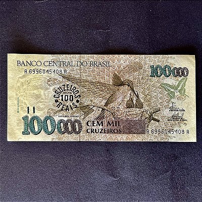 Cédula do Brasil - 100.000 Cruzeiros - carimbo 100 Cruzeiros Reais - FE - ref.3006