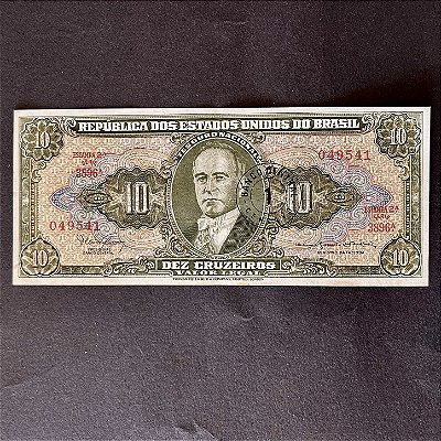 Cédula do Brasil - 10 Cruzeiros - carimbo 1 Centavo - Getulio Vargas - Mbc - ref.3013