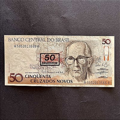Cédula do Brasil - 50 Cruzados Novos - carimbo 50 Cruzeiros - Carlos Drumond de Andrade - FE - ref.3024