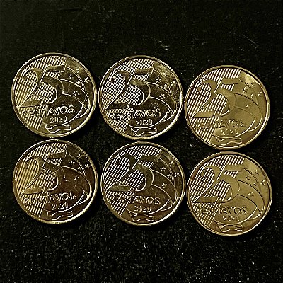 06 Moedas do Brasil - 25 Centavos - 2020 - FC - Aço com Latão - ref.3189